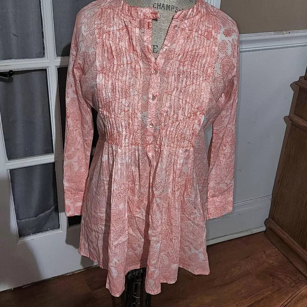 Roberta Roller Rabbit Womens a Orange White Long‎ Sleeve Shirt Blouse XS